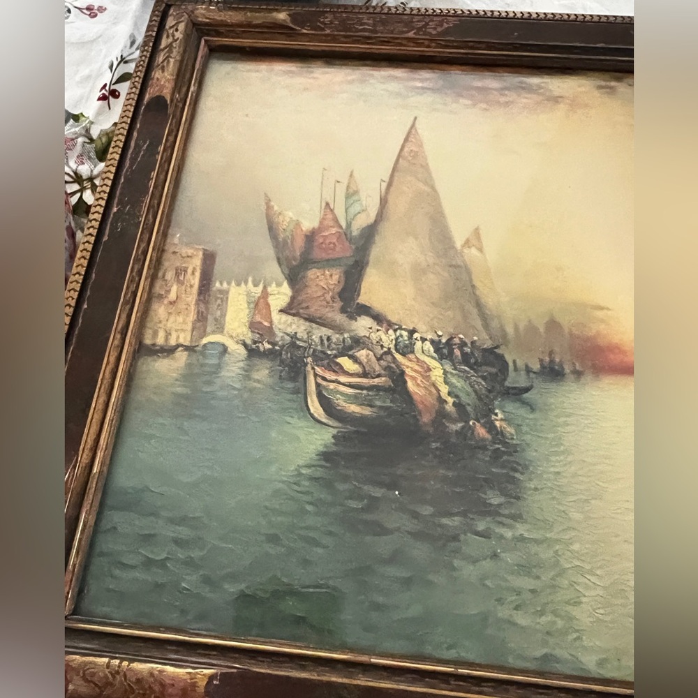 Framed Venetian Harbor Sailboat Painting in Teal and Gold - Picture 7 of 12